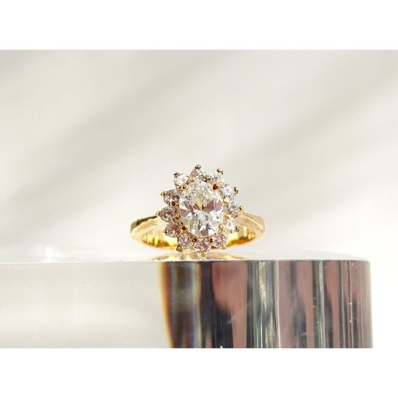 Sterling Silver Gilt Halo Sunray Cubic Zirconia Gemstone Vintage Ring - sz 7 - Picture 5 of 8